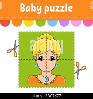 Puzzle für Babys. Einfaches Level. Flash-Karten. Schnitt und Spiel. Arbeitsblatt zur Farbaktivität. Spiel für Kinder. Cartoon-Charakter. Stock Vektor