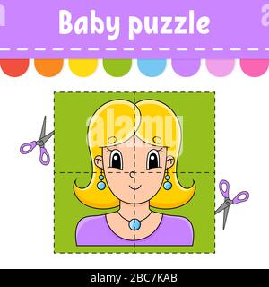 Puzzle für Babys. Einfaches Level. Flash-Karten. Schnitt und Spiel. Arbeitsblatt zur Farbaktivität. Spiel für Kinder. Cartoon-Charakter. Stock Vektor