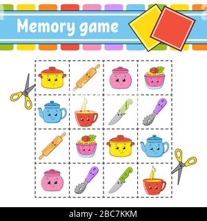 Memory-Spiel für Kinder. Arbeitsblatt zur Entwicklung von Schulungen. Aktivitätsseite mit Bildern. Puzzle-Spiel für Kinder. Schulung zum logischen Denken. Isoliertes Vecto Stock Vektor