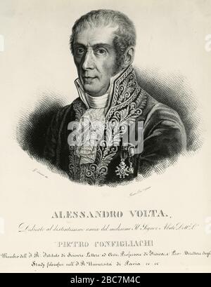 Darstellung des italienischen Physikers und Chemikers Alessandro Volta, Pavia, Italien Stockfoto