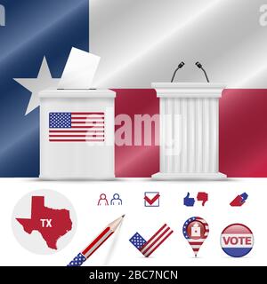 Präsidentschaftswahlen in Texas. Vektor schwenkt Flagge, realistische Wahlurne, Podium des öffentlichen Sprechers, Silhouettenkarte und Wahlsymbol Set. Stock Vektor