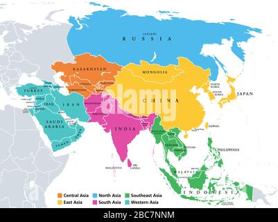 Asien. Regionen. Politische Karte mit einzelnen Ländern. Farbige Unterregionen des asiatischen Kontinents. Zentral, Ost, Nord, Süd, Südost, Westasien. Stockfoto