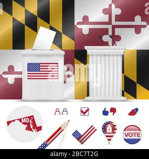 Präsidentschaftswahlen in Maryland. Vektor schwenkt Flagge, realistische Wahlurne, Podium des öffentlichen Sprechers, Silhouettenkarte und Wahlsymbol Set. Stock Vektor