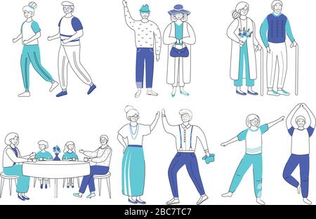 Rentner - flache Vektorgrafiken. Senioren-Familie romantischer Zeitvertreib. Gesunder Lebensstil. Altes Paar verbringt Zeit zusammen. Rentner isola Stock Vektor