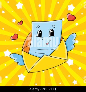 Fliegender offener Umschlag mit Flügeln und einem Brief. Süße Cartoon-Figur. Farbige Vektorgrafiken. Isoliert auf Farbhintergrund. Vorlage für Ihr de Stock Vektor