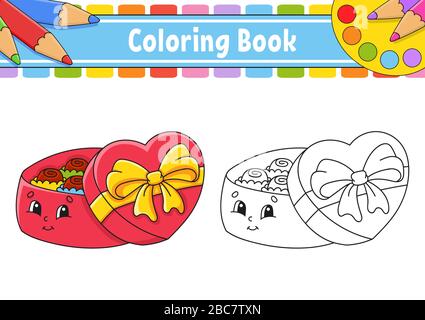 Malbuch für Kinder. Offene Geschenkbox mit Pralinen. Cartoon-Charakter. Vektorgrafiken. Schwarze Kontursilhouette. Isoliert auf weißem Hintergrund. Stock Vektor