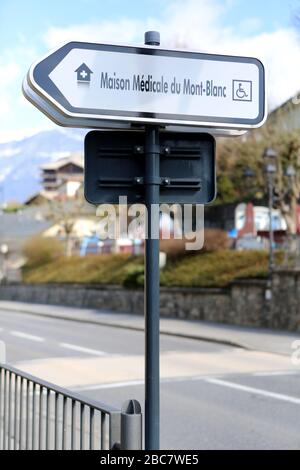 Maison Médicale du Mont-Blanc. Panneau. Saint-Gervais-les-Bains. Haute-Savoie. Frankreich. Stockfoto