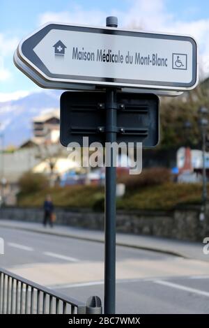 Maison Médicale du Mont-Blanc. Panneau. Saint-Gervais-les-Bains. Haute-Savoie. Frankreich. Stockfoto