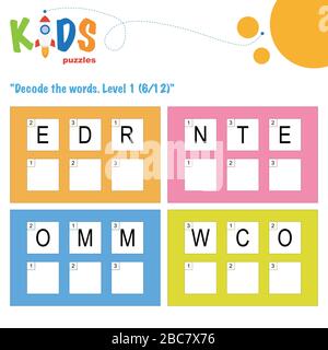 Decodieren Sie die 3-stelligen Wörter. Arbeitsblattpraxis für Kinder in der Vorschule, der Grundschule und der Mittelschule. Arbeitsblatt mit lustigen Logikrätseln. Stock Vektor