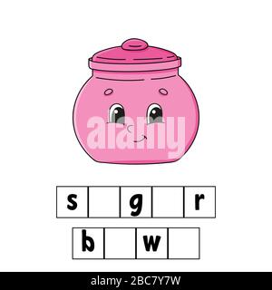 Puzzle mit Wörtern. Zuckerschüssel. Arbeitsblatt zur Entwicklung von Schulungen. Lernspiel für Kinder. Seite "Farbaktivität". Puzzle für Kinder. Englisch für Vorschule. Vec Stock Vektor