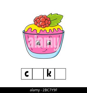 Puzzle mit Wörtern. Antwort - Kuchen. Arbeitsblatt zur Entwicklung von Schulungen. Lernspiel für Kinder. Seite "Farbaktivität". Puzzle für Kinder. Englisch für Vorschule. Stock Vektor