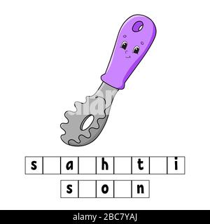 Puzzle mit Wörtern. Spaghettilöffel. Arbeitsblatt zur Entwicklung von Schulungen. Lernspiel für Kinder. Seite "Farbaktivität". Puzzle für Kinder. Englisch für Vorschule Stock Vektor