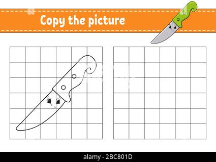 Kopieren Sie das Bild. Messer. Malbuchseiten für Kinder. Arbeitsblatt zur Entwicklung von Schulungen. Spiel für Kinder. Handschrifterpraxis. Catoon-Charakter. Stock Vektor