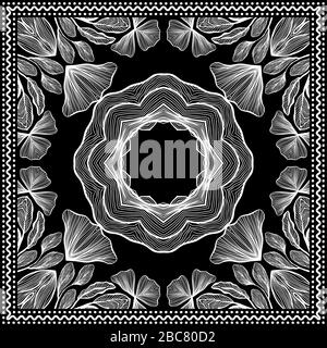 Bandana Clipart. Schwarzweiß. Bandana-Seidenschal-Muster, Vektorblumen-Illustration mit abstrakten Wellen und Linien. Für Sublimationsdruck verwenden. Clipart-Druck mit Stirnband Stock Vektor