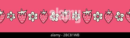 Monochrome Erdbeeren mit Filzspitze und blüht Vector Seamless Pattern Border Stock Vektor