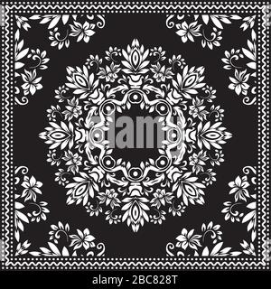 Bandana Clipart Schwarz und Weiß. Muster Aus Seidenschal. Clipart-Druck mit Stirnband, Illustrationen mit Vektorblumen und abstrakten Wellen und Linien. Für Sublimationsdruck verwenden Stock Vektor