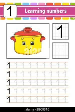 Nummer 1. Verfolgen und Schreiben. Handschrifterpraxis. Lernnummern für Kinder. Arbeitsblatt zur Entwicklung von Schulungen. Aktivitätsseite. Isolierte Vektor-Illustration Stock Vektor