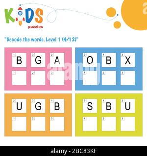 Decodieren Sie die 3-stelligen Wörter. Arbeitsblattpraxis für Kinder in der Vorschule, der Grundschule und der Mittelschule. Arbeitsblatt mit lustigen Logikrätseln. Stock Vektor