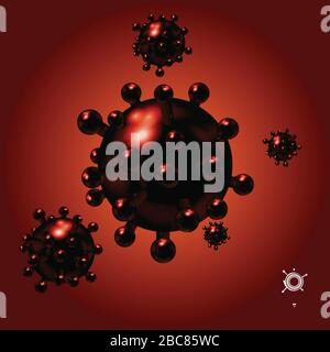 3D-Darstellung von Red Coronavirus Covid-19-Molekülen mit Lichtreflexionen und weißem Symbol über rotem Hintergrund Stock Vektor