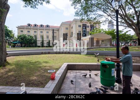 Mann füttert Tauben vor dem Asian Civilizations Museum, Singapur Stockfoto