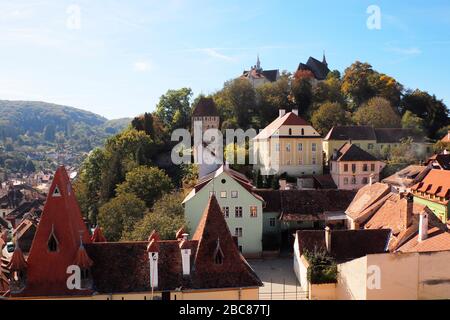 Sighisoara, vom Uhrturm, eine der sieben sächsischen befestigten Städte in Siebenbürgen, UNESCO, Rumänien Stockfoto