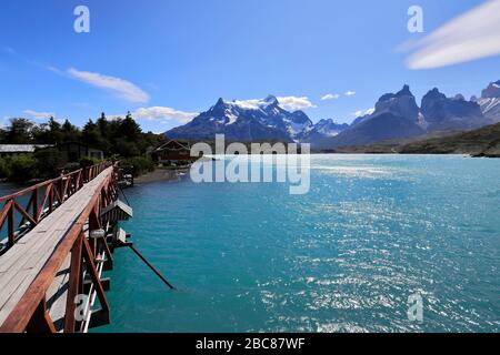 Sommeransicht von Lago Pehoe, Torres de Paine, Magallanes Region, Patagonien, Chile, Südamerika Stockfoto