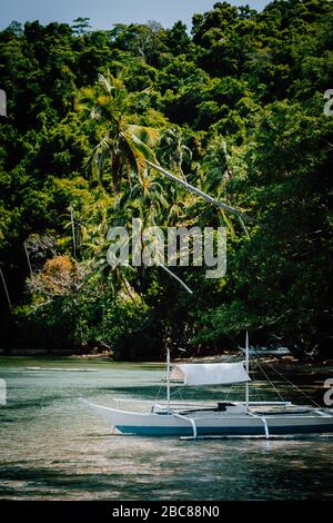 Palawan El Nido Marine Reserve Park berühmt Natur Spot gesegnet Ökosystem Regenwald umgibt, unglaubliche, weiße Sandstrände mit lokalen Boot in Ruhe Stockfoto