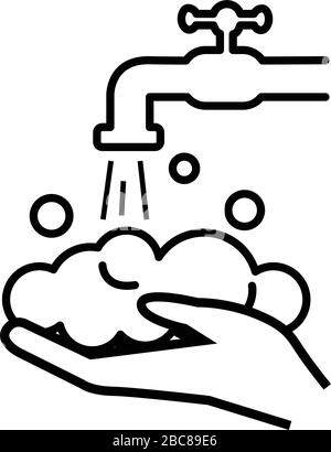 Wash Hands Linie Silhouette Symbol Hände unter dem Wasserhahn Vektor Illustration Körperhygiene Desinfektion Hautpflege antibakterielle Wäsche. Stock Vektor