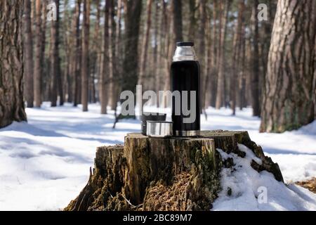 Schwarze und silberne Thermoskanne mit zwei Tassen, die im Winter auf einem Stumpf in einem verschneiten Wald stehen Stockfoto