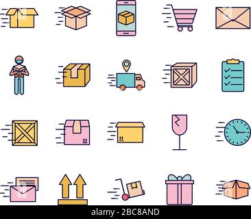 Schnelle Lieferlinie und Füllstyle-Symbol setzen Vektordesign Stock Vektor