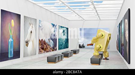 Ein Roboter beim Besuch einer Kunstgalerie mit Leinwand an der Wand, 3D-Illustration Stockfoto