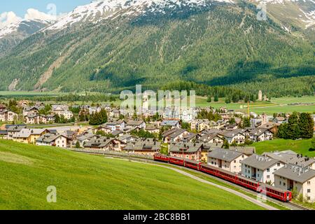 Bahn der Rhätischen Bahn bei Celerina Schlarigna im Sommer, Graubünden, Schweiz Stockfoto