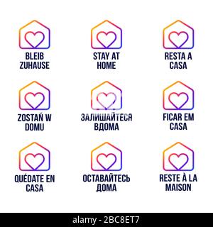 "Stay Home Design Vector"-Logo in verschiedenen Sprachen. Covid-19 Coronavirus Ausbruch. Bleiben Sie zu Hause, um andere zu schützen. Aufkleber für Website oder Projekt Stock Vektor
