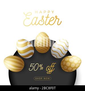 Luxuriöses Oster-Ei-Quadrat-Banner. Royal Golden Easter große Verkaufskarte mit großem Gold, weißem und schwarzem verzierten Ei auf weißem modernem Hintergrund. Vektor illust Stock Vektor