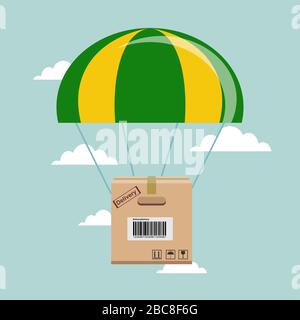 Paket fliegen vom Himmel mit Fallschirm, Konzept für Lieferservice Stock Vektor