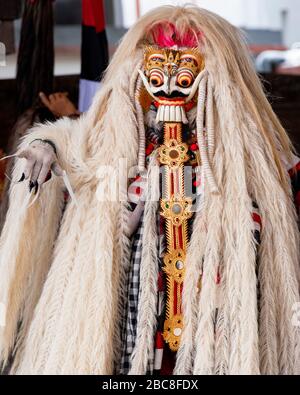 Vertikale Nahansicht eines Barong-Tanzcharakters in Bali, Indonesien. Stockfoto