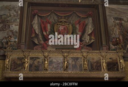 Palast des Großmeisters. 16. Bis 18. Jahrhundert. Residenz des Großmeisters des Orden des Heiligen Johannes. Detail der Freskenbilder des Obersten Rates von Matteo Perez de Aleccio (1547-1628), die die große Belagerung Maltas durch das Osmanische Reich im Jahre 1565 darstellen. Valletta. Malta. Stockfoto