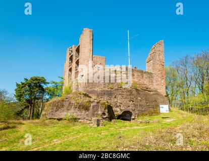 Burgruine Ramburg in der Pfalz (Südliche Weinstraße), ehemalige Stauferder Burg auf dem Schlossberg, mit großem Felsenkeller, Halsgraben, Schild w Stockfoto