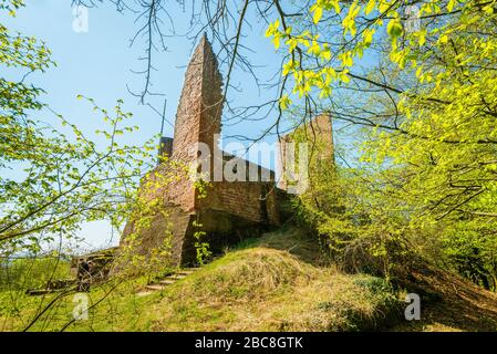 Burgruine Ramburg in der Pfalz (Südliche Weinstraße), ehemalige Stauferder Burg auf dem Schlossberg, mit großem Felsenkeller, Halsgraben, Schild w Stockfoto