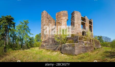 Burgruine Ramburg in der Pfalz (Südliche Weinstraße), ehemalige Stauferder Burg auf dem Schlossberg, mit großem Felsenkeller, Halsgraben, Schild w Stockfoto