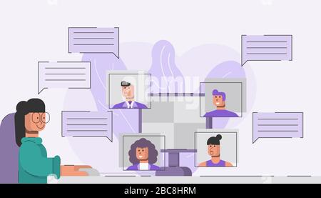 Gruppe von Freunden oder Kollegen, die Videokonferenztechnologie auf dem PC verwenden. Konzept für Heimarbeit oder Videoanrufe. Stock Vektor