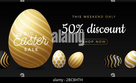 Luxuriöses horizontales Oster-Ei-Banner. Große Verkaufskarte Royal Golden Easter mit großem Gold, weißem und schwarzem verzierten Ei auf dunklem, modernem Hintergrund. Vektor schlecht Stock Vektor
