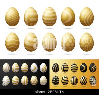 Goldene Ostereier gesetzt. Realistische 3D-Eier mit schwarz, weiß und glitzerndem goldenem Schmuck, isoliert auf weißem Hintergrund. Für Grußkarten, Werbeanzeige, Werbeaktion, Stock Vektor