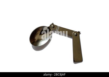 Faltbarer Reise-Löffel. Dreiteiliger Taschenlöffel aus Metall. Wandern, Angeln und Jagen. Ansicht von oben. Auf weißem Hintergrund isolieren. Stockfoto