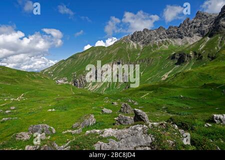 Fernwanderweg E5 von Oberstdorf nach Meran: Kemptner Hütte in den Allgäuer Alpen bei Oberstdorf, Bayern, Deutschland Stockfoto