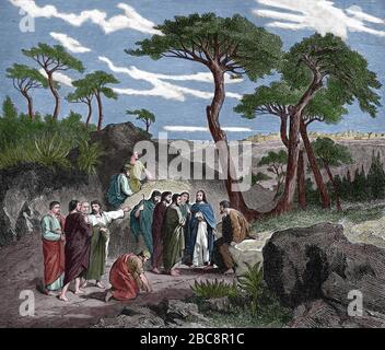 Jesus und seine Jünger gehen nach Jerusalem. Gravur. Heilige Bibel, 19. Jahrhundert. Stockfoto