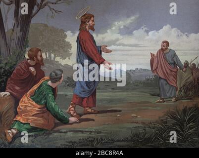 Die Verhaftung Jesu im Garten Gethsemane. Gravur. Heilige Bibel, 19. Jahrhundert. Stockfoto