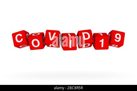 Fliegende Würfel mit COVID19-Wort. 3D-Überschriftendarstellung auf weißem Hintergrund. Stockfoto