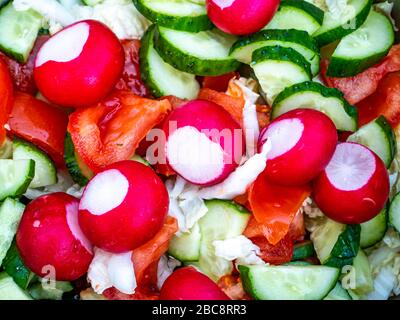 Radistischer Gemüsesalat mit Gurken und Tomaten mit Kohl. Stockfoto