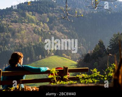 Wandern auf dem Zweilersteig, Kohlenbacher Tal, Blick Richtung Kandel Stockfoto